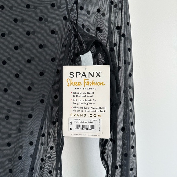 Spanx Long Sleeve Top Mesh Polka Dot Sheer Bodysuit | Size Large in Black (NWT) - Picture 7 of 10